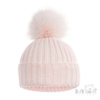 H712-BP: Pink Ribbed Hat with Glitter Pom Pom (0-12M)